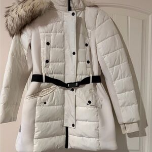 Michael Kors Ivory Puffer Coat with Faux Fur Trim